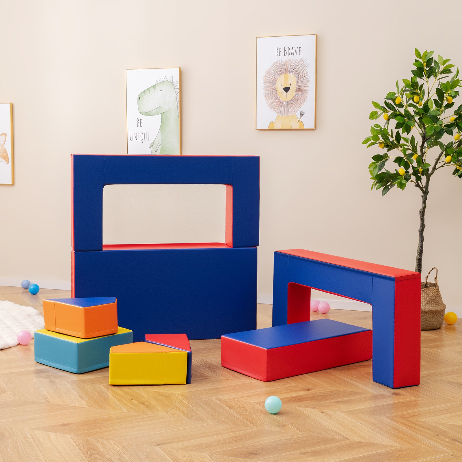 4-in-1 Convertible Foam Couch Play Set with Skin-friendly PU Leather Cover and Zippers-Multicolor