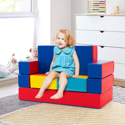 4-in-1 Convertible Foam Couch Play Set with Skin-friendly PU Leather Cover and Zippers-Multicolor