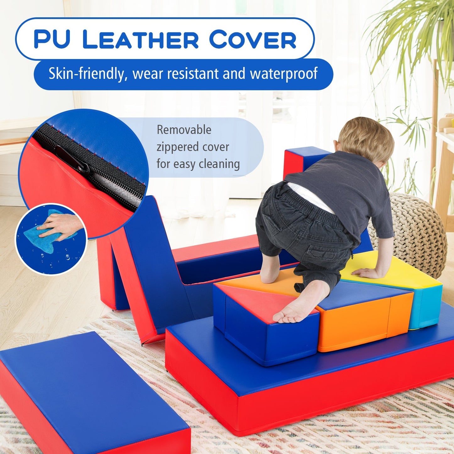 4-in-1 Convertible Foam Couch Play Set with Skin-friendly PU Leather Cover and Zippers-Multicolor
