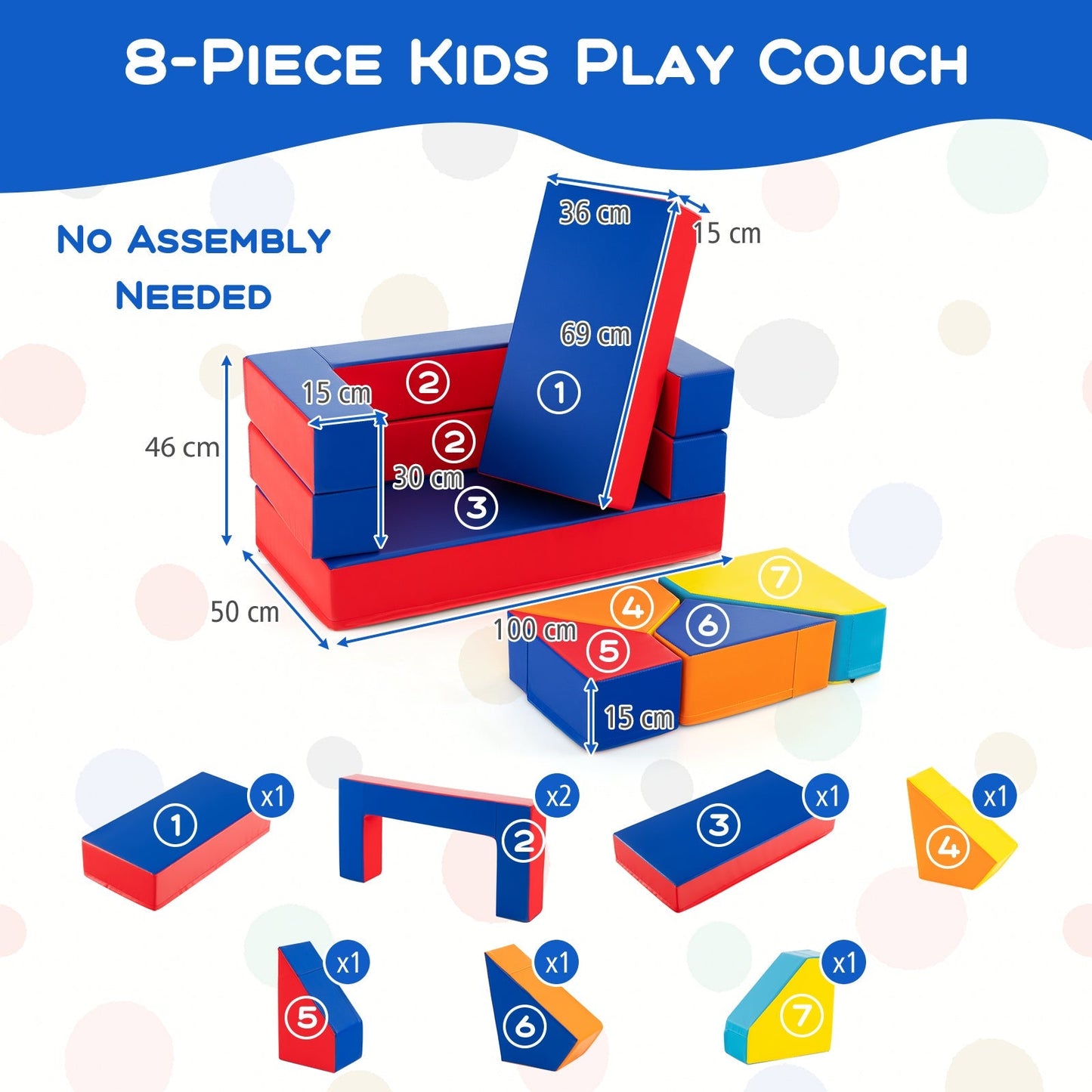 4-in-1 Convertible Foam Couch Play Set with Skin-friendly PU Leather Cover and Zippers-Multicolor