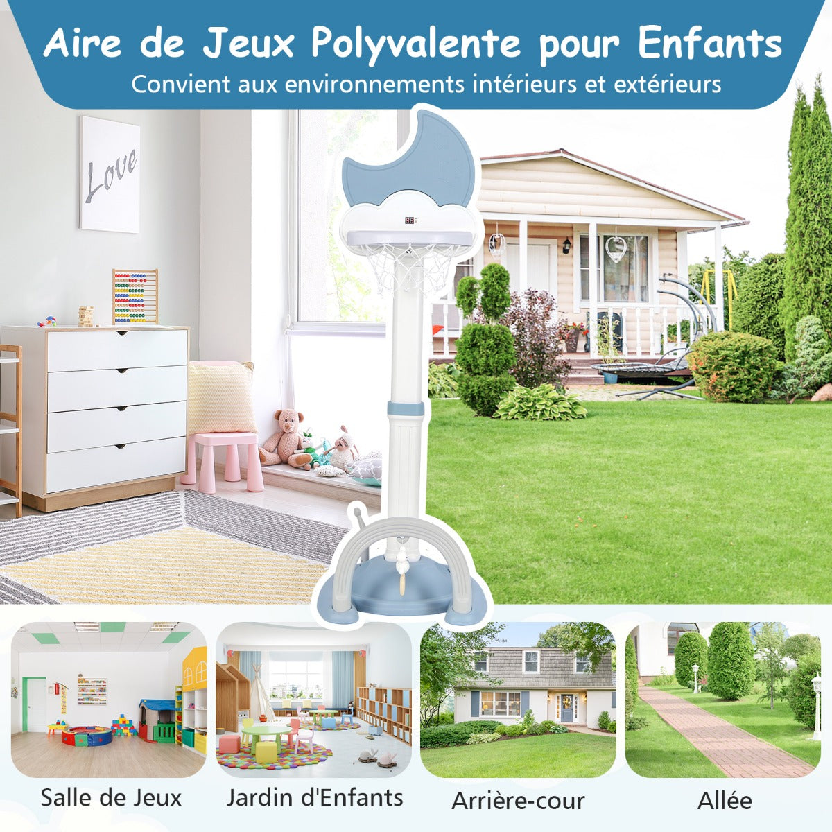 4-In-1 Kids Basketball Hoop with Adjustable Height for Kids-Blue