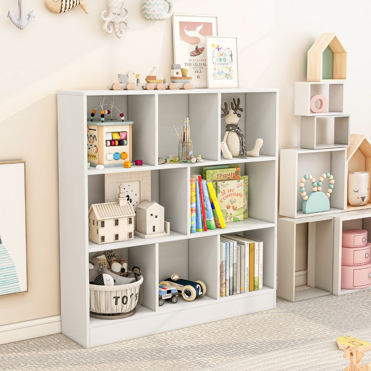 8-Cube Bookshelf with 2 Anti-Tipping Kits and Display Shelf for Home-White