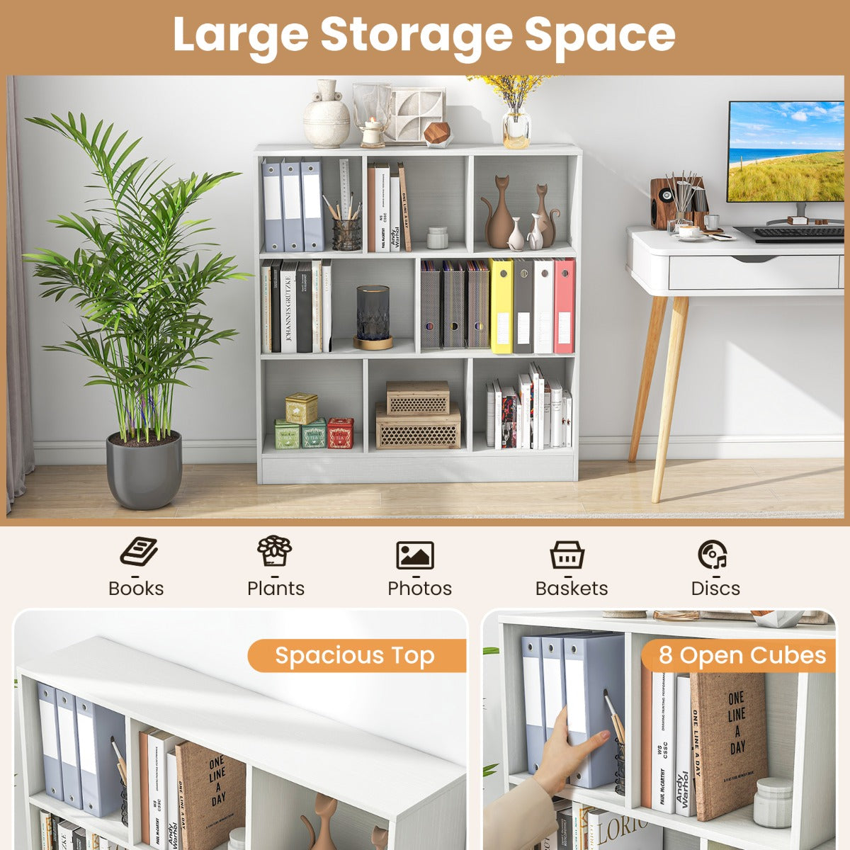 8-Cube Bookshelf with 2 Anti-Tipping Kits and Display Shelf for Home-White