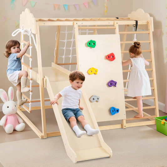 8-in-1 Indoor Jungle Gym for Kids Wooden Montessori Climbing Toys-Natural