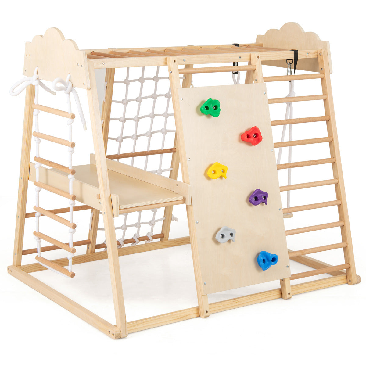 8-in-1 Indoor Jungle Gym for Kids Wooden Montessori Climbing Toys-Natural