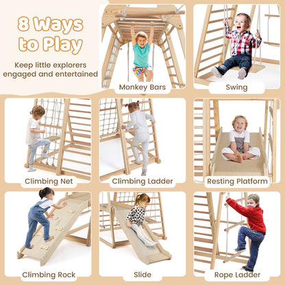 8-in-1 Jungle Gym Wooden Montessori Climber Playset-Natural