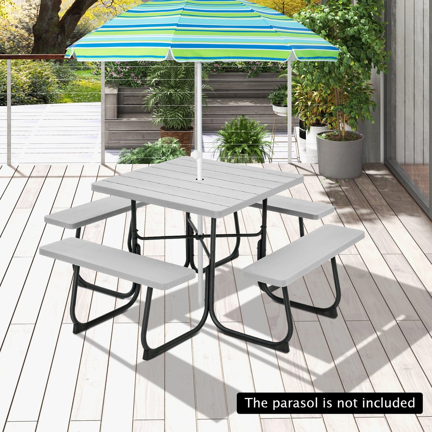 8-person Square Picnic Table Bench Set with 4 Benches and Umbrella Hole-Grey