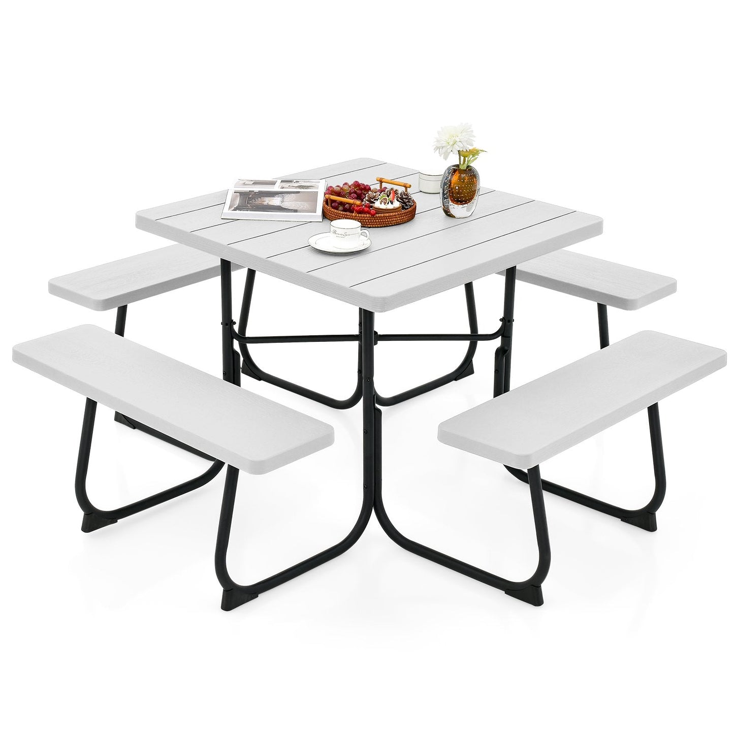 8-person Square Picnic Table Bench Set with 4 Benches and Umbrella Hole-White
