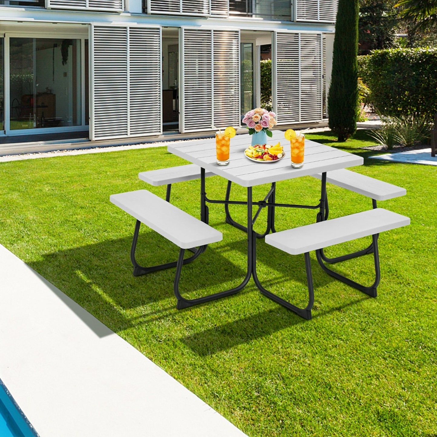 8-person Square Picnic Table Bench Set with 4 Benches and Umbrella Hole-White