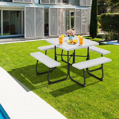 8-person Square Picnic Table Bench Set with 4 Benches and Umbrella Hole-White