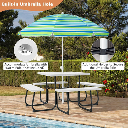 8-person Square Picnic Table Bench Set with 4 Benches and Umbrella Hole-White