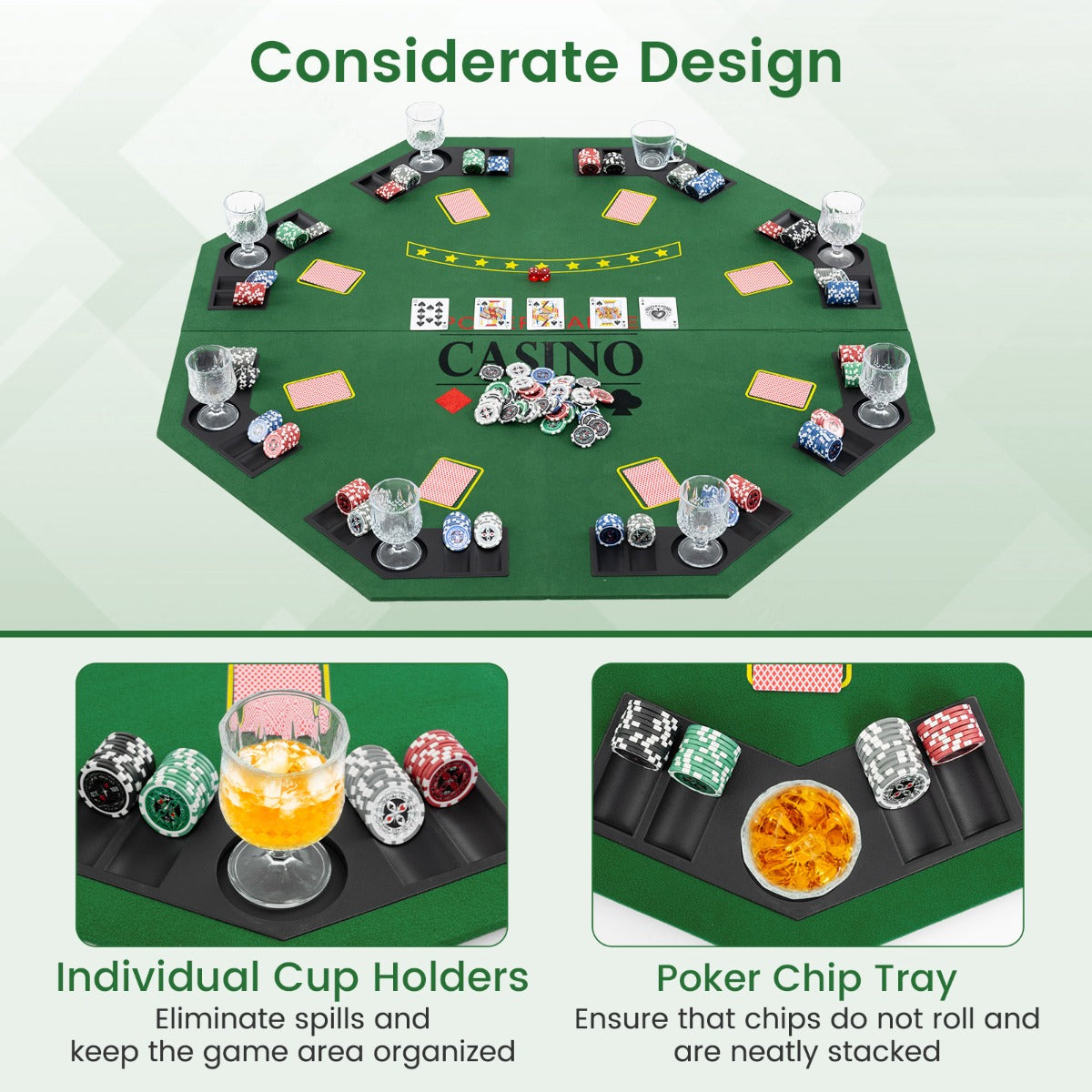 8 Player Foldable Texas Holdem Poker Table Topper with Carrying Bag-Green