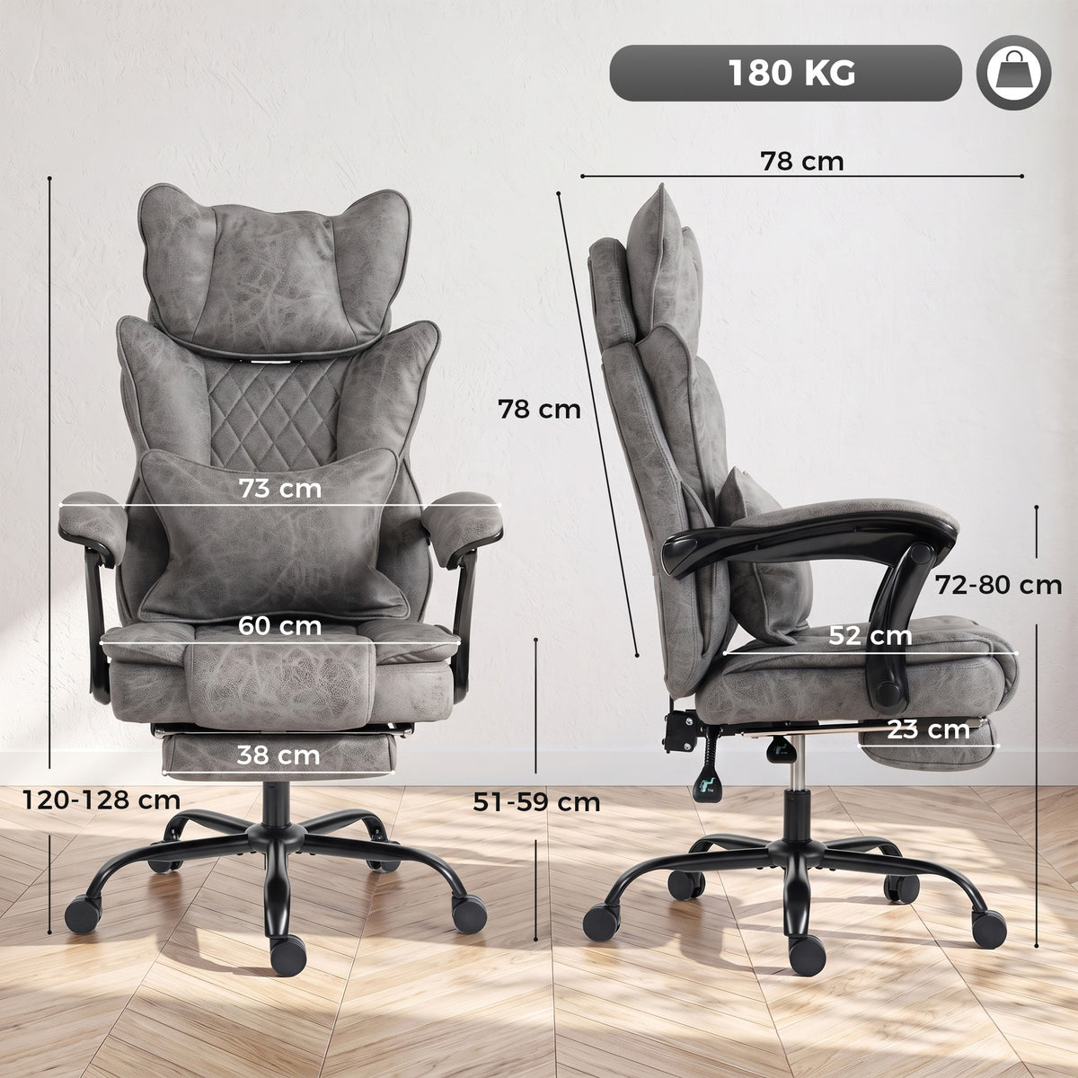 HOMCOM Executive Office Chair, Leathaire Big and Tall Office Chair 180 kg with Wide Seat, Reclining, Lumbar Support, Grey