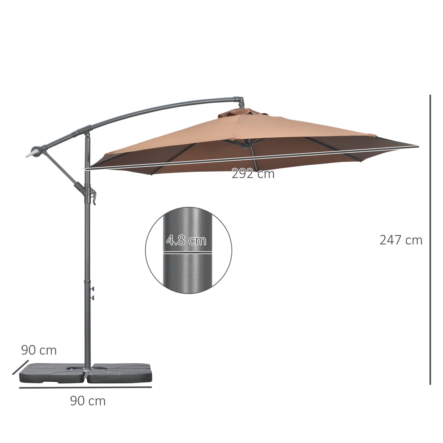 Outsunny 3(m) Garden Banana Parasol Cantilever Umbrella with Crank Handle, Cross Base, Weights and Cover for Outdoor, Hanging Sun Shade, Coffee