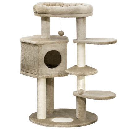 PawHut Cat Tree w/ Multiple Levels, Cat House, Bed and Toy Ball - Brown