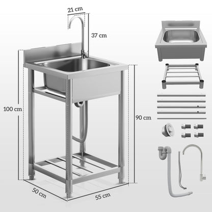 HOMCOM Outdoor Utility Sink, Stainless Steel Free Standing Single Bowl Kitchen Sink with Cold and Hot Water Pipe and Storage Shelf for Laundry Garage, 55 x 50 x 100 cm