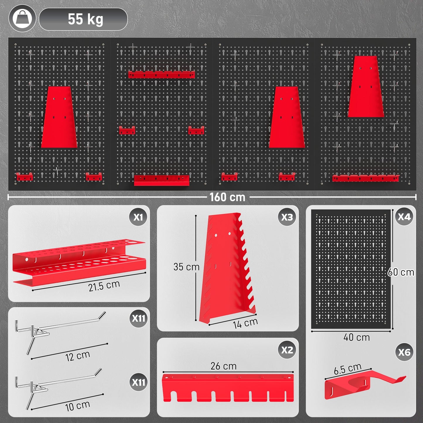 HOMCOM 38 Pcs Wall-Mounted Pegboard with 4 Boards, Garage Tool Storage Unit Black and Red
