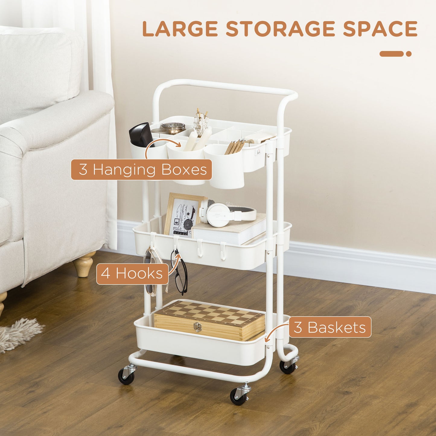 Wózek domowy HOMCOM Three-Tier Home Trolley z uchwytem i kółkami - biały