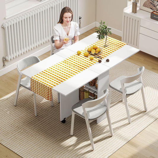 HOMCOM Folding Dining Table, Drop Leaf Table with 2-Tier Shelves, Rolling Casters, for Small Spaces, Kitchen, White