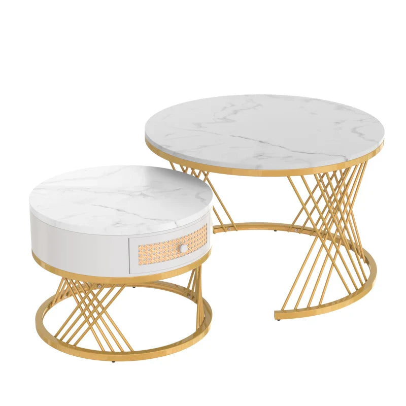 2-in-1 Marble Coffee Table Set with Marble Grain Veneer Top, Rattan Drawers, and Solid Wood Handles, Gold Iron Legs, 70x70x45.5 cm + 50x50x38.5 cm, White+Gold