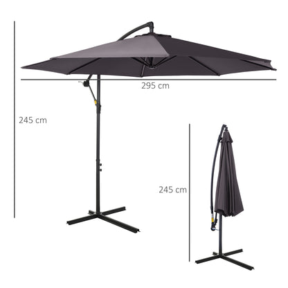 مظلة Outsunny 3(m) Garden Banana Parasol معلقة ناتئة مع مقبض كرنك، 8 أضلاع وقاعدة متقاطعة للخارج، ظل الشمس، رمادي