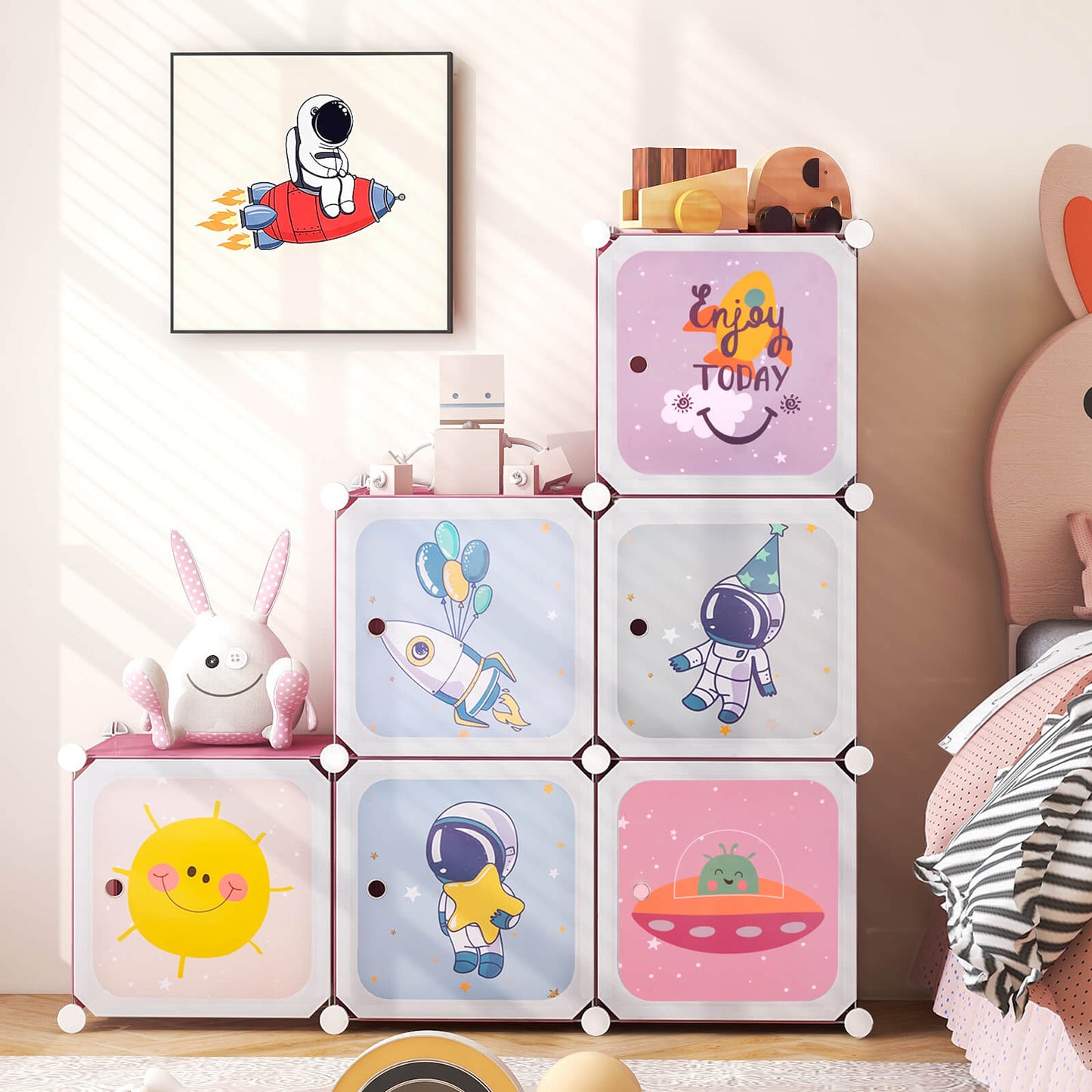 8-cube Baby Closet Organizer with Doors and Hanging Section-Pink