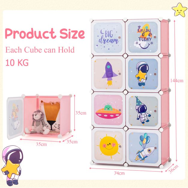 8-cube Baby Closet Organizer with Doors and Hanging Section-Pink