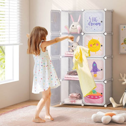 8-cube Baby Closet Organizer with Doors and Hanging Section-White