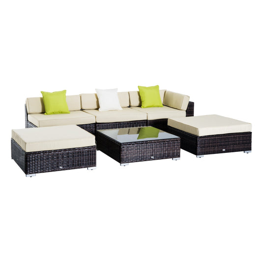 Outsunny 6 PC Rattan Sofa Coffee Table Set Sectional Wicker Weave Furniture do ogrodu zewnętrznego Conservatory z poduszką Pillow Cushion Brown