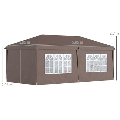 Outsunny 3 x 6 m Pop Up Gazebo with Sides and Windows, Height Adjustable Party Tent with Storage Bag for Garden, Camping, Event, Brown