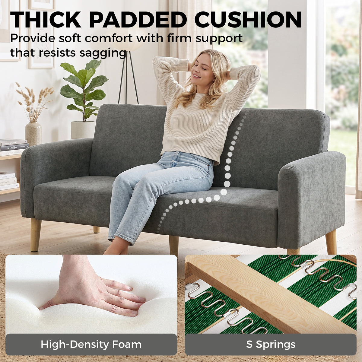 HOMCOM 2 Seater Sofa, Velvet Small Couch with 20cm Thick Padding, Wide and Deep Seat, Grey