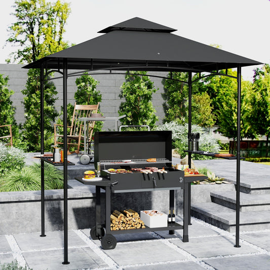 Altana grillowa Outsunny 8' x 5', dwupoziomowa altana grillowa z baldachimem i oświetleniem LED, 2 półki boczne, haczyki, ciemnoszary