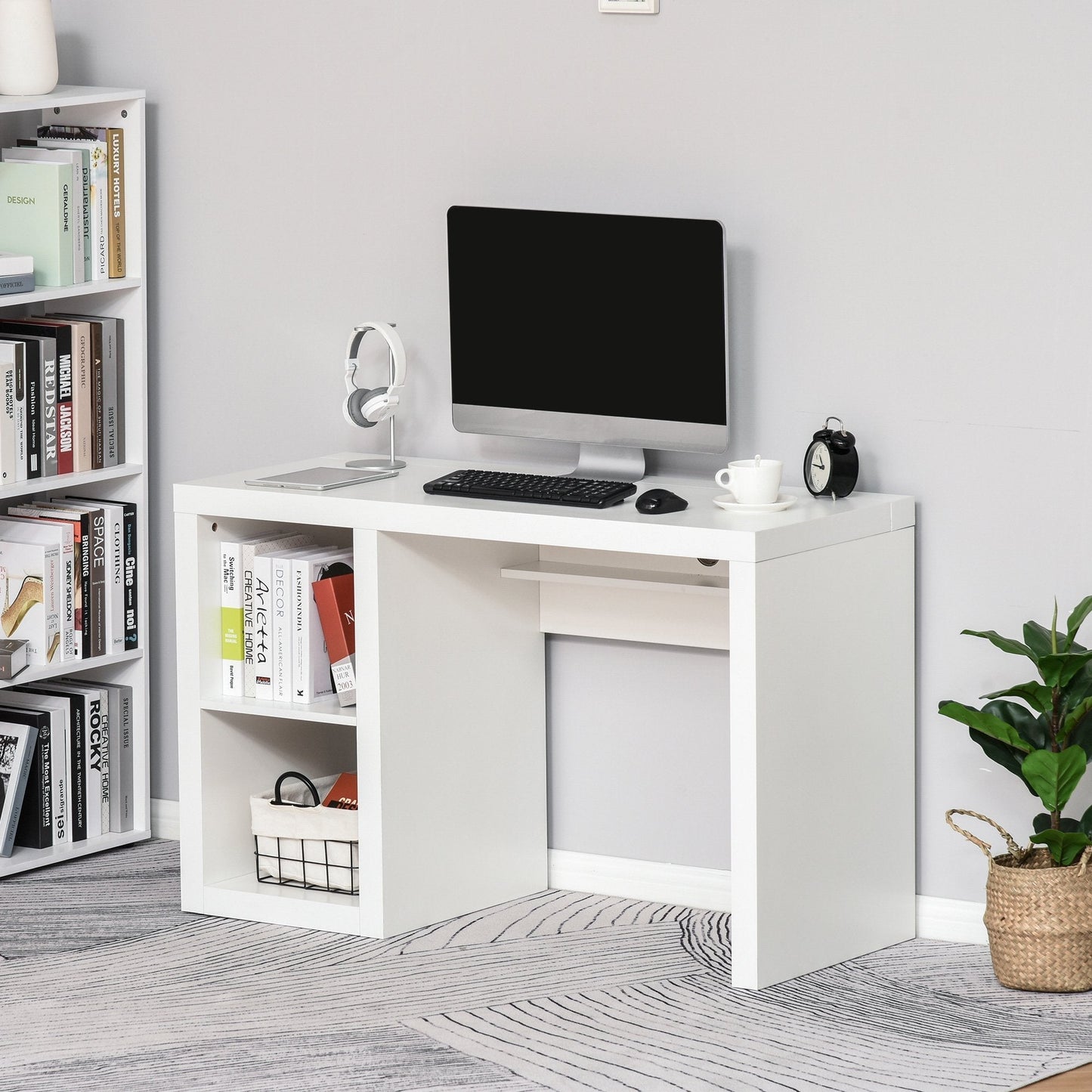 Rectangle Computer Desk Thick Board with Shelves Home Office Table, White