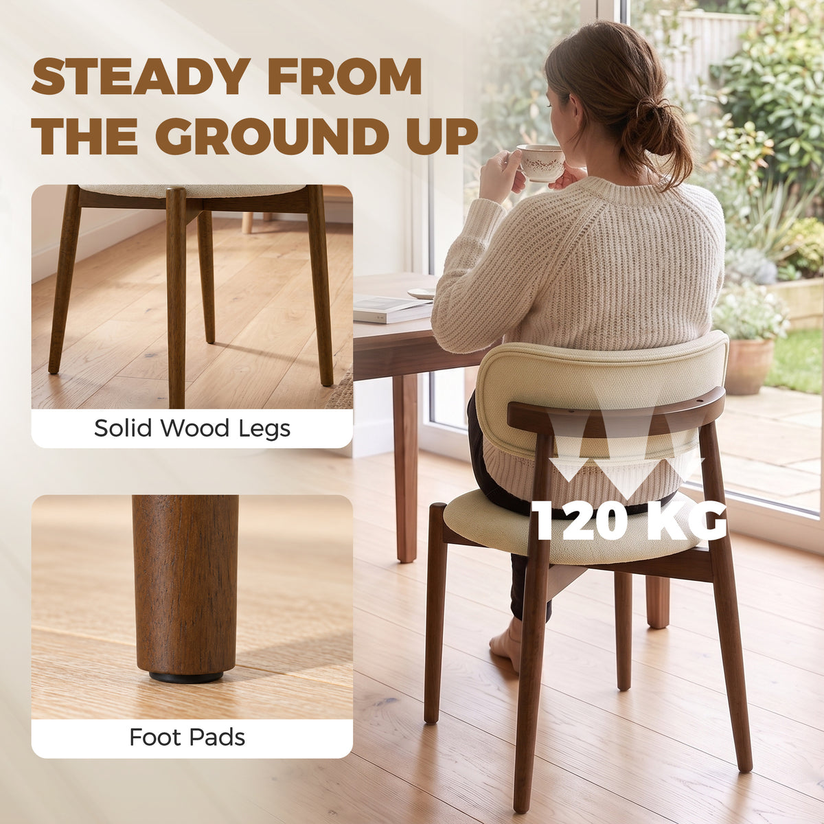 HOMCOM Dining Chairs Chenille Upholstered Kitchen Chairs Curved Backrest Rubberwood Legs Beige