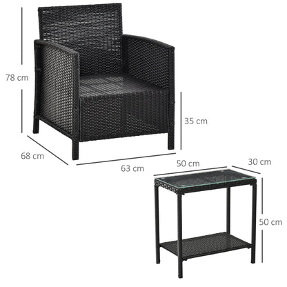 Outsunny 2-Seater PE Rattan Side Table & Armchair Bistro Set Jack and Jill Seat w/ Pillows Black