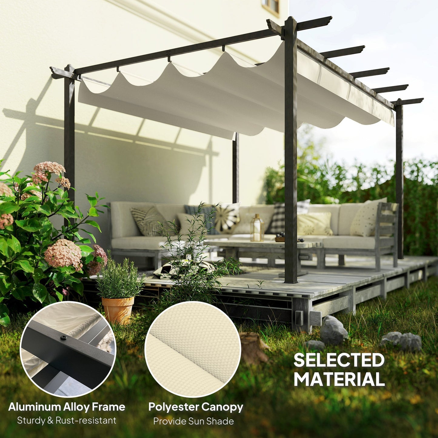 Outsunny 4 x 3(m) Aluminium Pergola with Retractable Roof, Garden Gazebo Canopy Shelter for Outdoor, Patio, Cream White