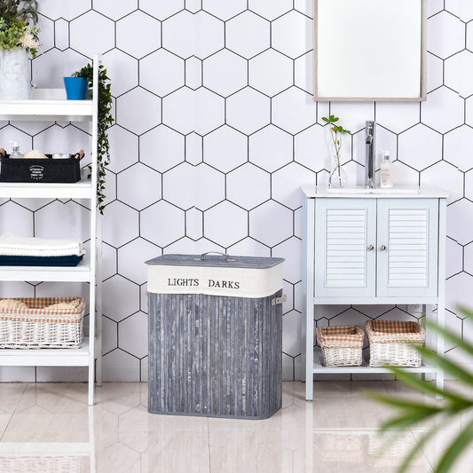 HOMCOM 100L składany naturalny drewniany kosz na pranie organizer na ubrania kosz na pranie pudełko do przechowywania z pokrywką zdejmowana wyściółka 52x32x63cm, szary