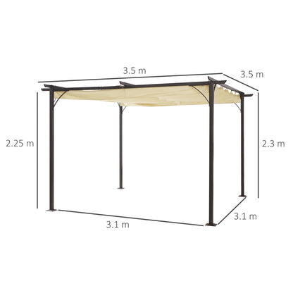 مظلة Outsunny 3.5MX 3.5M معدنية Pergola Gazebo مظلة قابلة للسحب في الهواء الطلق والحديقة والشمس والمأوى وحفلات الشواء، بيج