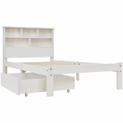 Single Wooden Storage Bed with Built-in Shelves and Underbed Drawer, PiBritish Style Waveood and MDF, for Adults, Kids, Teenagers, 208x100x93 cm, White