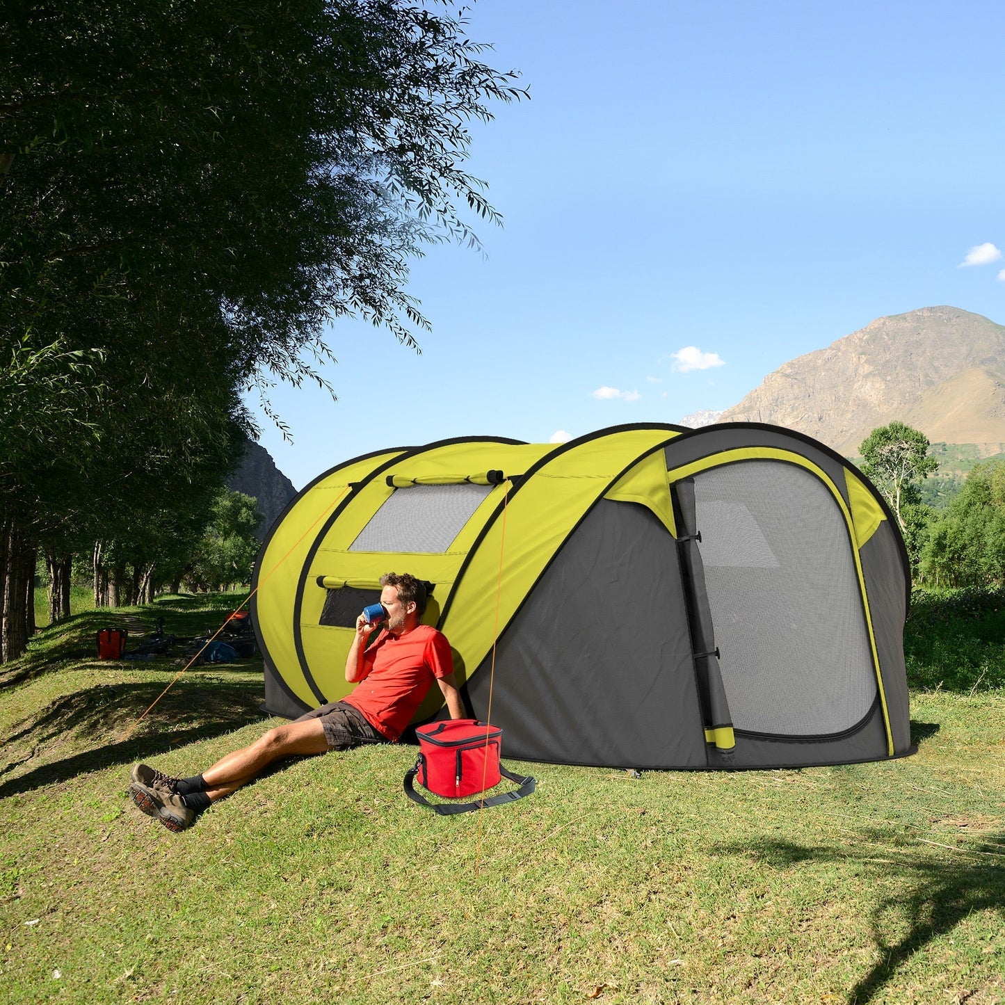 Outsunny 4 Person Pop-up Camping Tent Family Tent with Ground Sheet, 4 Windows and Portable Carry Bag for Beach Outdoor Trip, Yellow