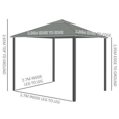 Outsunny 3 x 3(m) Patio Gazebo Canopy Garden Pavilion Tent Shelter Marquee with 2 Tier Water Repellent Roof, Mosquito Netting and Curtains, Dark Grey