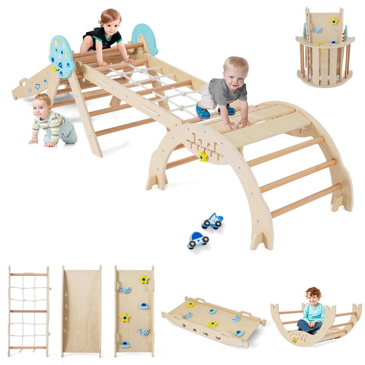 8-in-1 Foldable Climbing Toys with Ramp and Climbing Rope for Toddlers-Natural