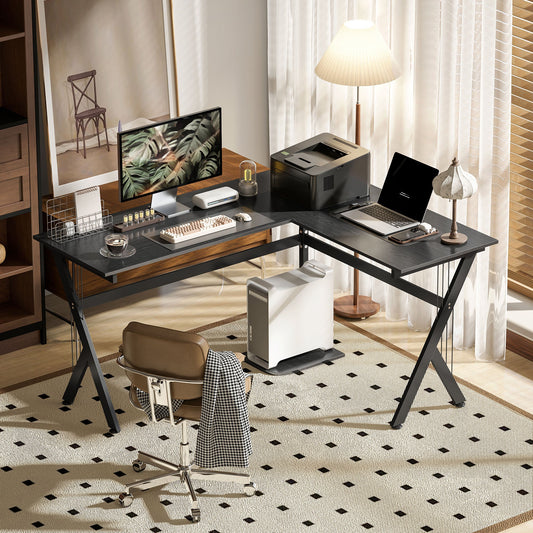 Biurko gamingowe HOMCOM w kształcie litery L, 155 x 130 cm, narożne biurko komputerowe z podstawką pod procesor do biura domowego, stanowiska pracy w gabinecie, czarne