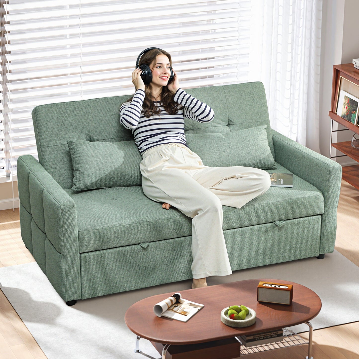 HOMCOM Three-Way Two-Seater Sofa Bed - Green