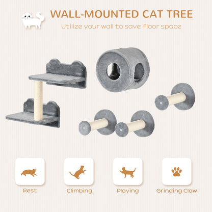 PawHut 5 Piece Cat Wall Furniture with Perch, Cat Condo, Scratching Post, Wall Mounted Cat Tree for Indoor Cats Use - Grey