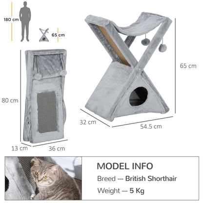 PawHut Two Tier Cat Tree for Indoor Cats Play Rest Activity Tower Plush Folding Relax Center w/ Scratching Post Hammock Pom Poms Grey