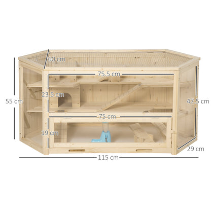 PawHut Wooden Large Hamster Cage Small Animal Exercise Play House 3 Tier with Sliding Tray, Seesaws, Water Bottle, Natural