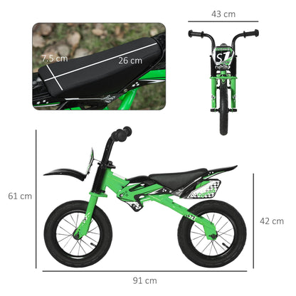 12" Kids Balance Bike, No Pedal Training Bicycle, Motorbike Look, Steel Frame with Air Filled Tire, Handlebar, PU Seat for 3-6 Years Old, Green