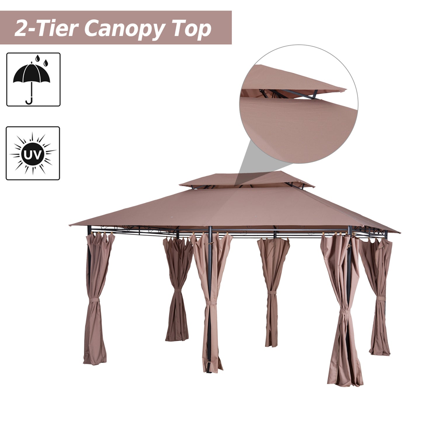 Outsunny 4m x 3(m)Garden Gazebo, Double Roof Outdoor Gazebo Canopy Shelter with Curtains, Solid Steel Frame for Patio, Garden, Brown