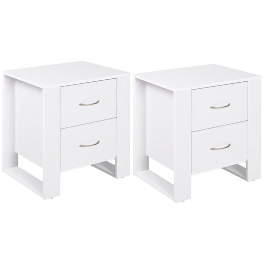 HOMCOM Bedside Table with 2 Drawers, Nightstand with Handles and Elevated Base, Side Table for Bedroom, Living Room, Set of 2, White